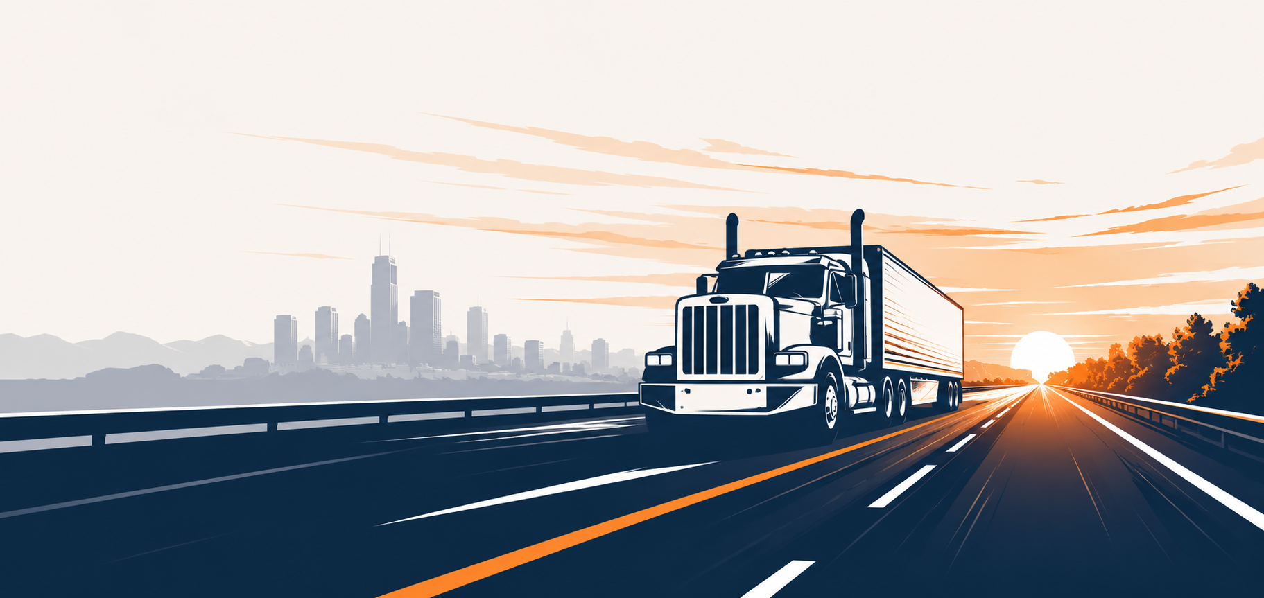 Semi truck on the highway at sunrise